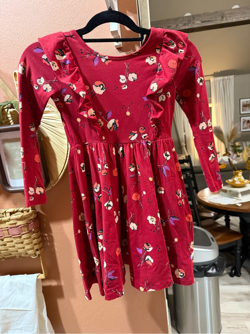 Tea Collection Red Floral Ruffle Long-Sleeve Dress